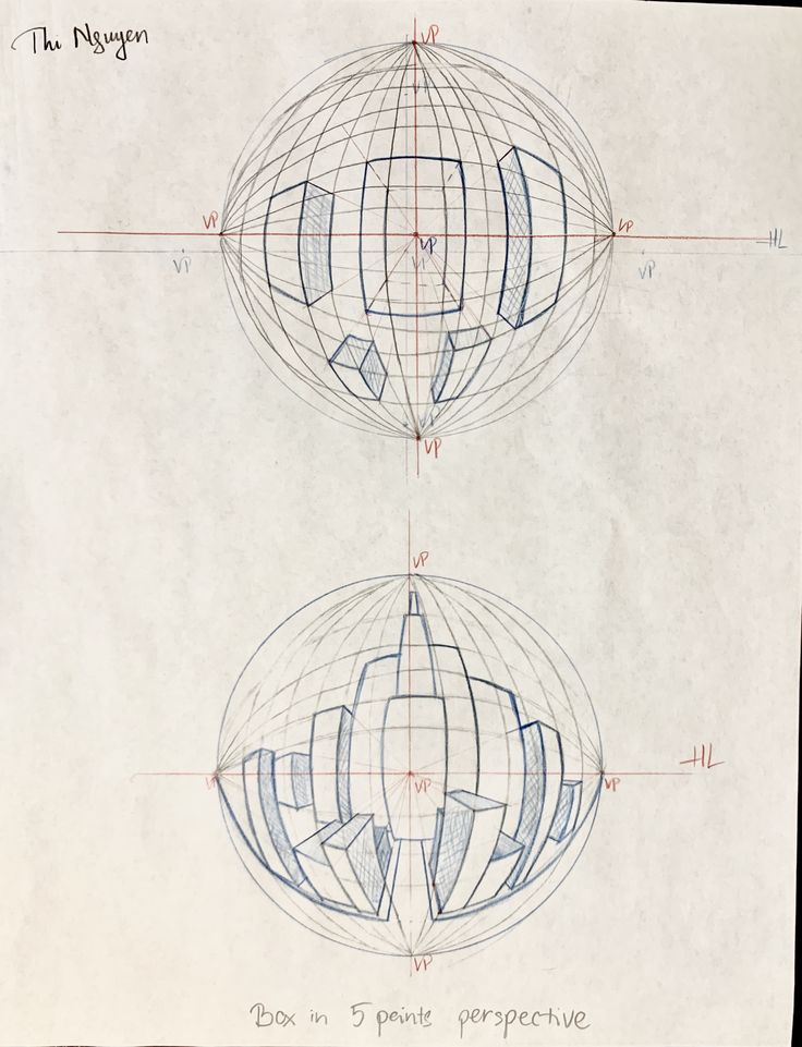 two drawings of the same object on top of each other, with lines drawn across them