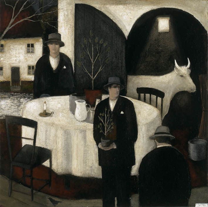 a painting of two men standing in front of a table