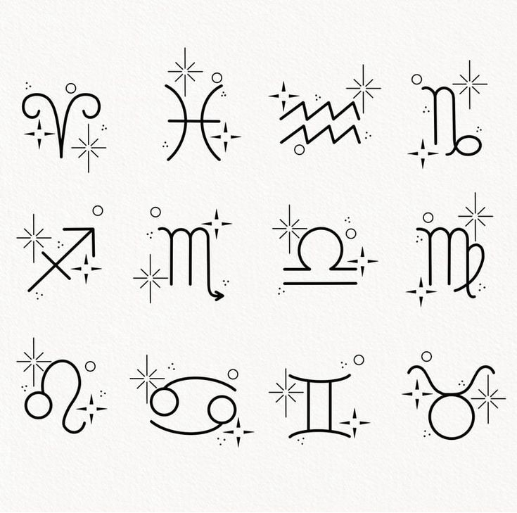 zodiac symbols are shown in black and white