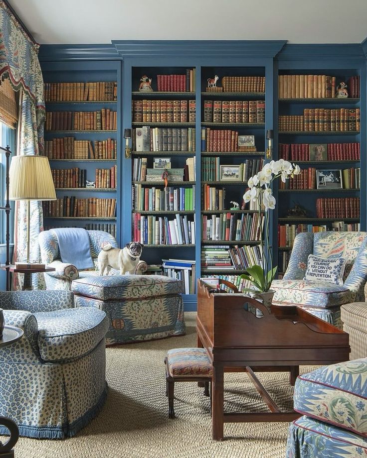 a living room filled with lots of furniture and bookshelves covered in blue bookcases