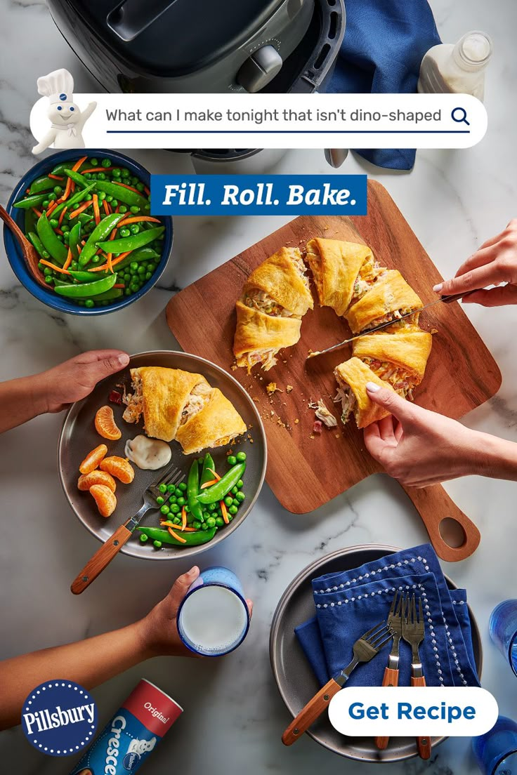 people are serving themselves food on a wooden cutting board with the words fill roll bake