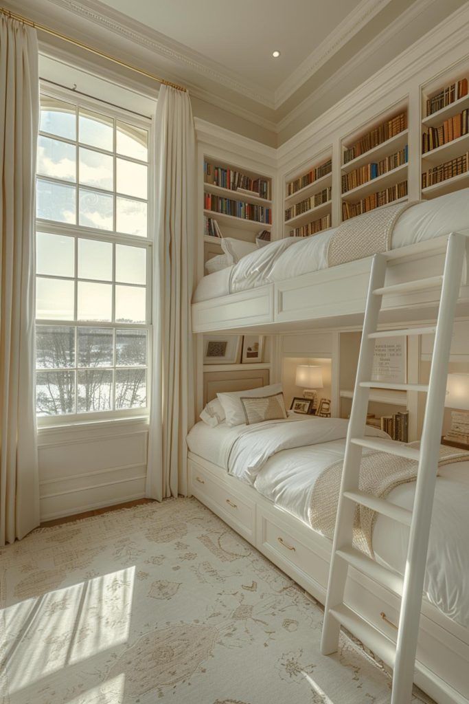 there are two bunk beds in the room with bookshelves on each side and a ladder between them