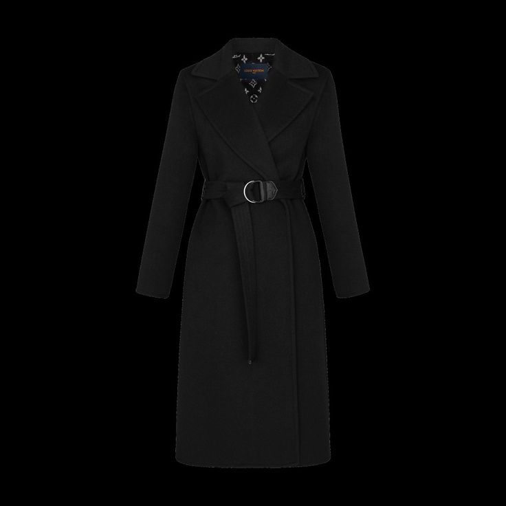 1A4PEJ · Black · Lã, Seda & CottonPolyvinylchloride · This elegant piece reinterprets the House’s classic wrap coat. A wardrobe staple, it is crafted from a double cashgora fabric with a chic Monogram motif on the inside. An iconic belt with a double D-ring emphasizes the waistline. Wrap Coat, Outerwear Women, Duster Coat, Ready To Wear, Louis Vuitton, How To Wear