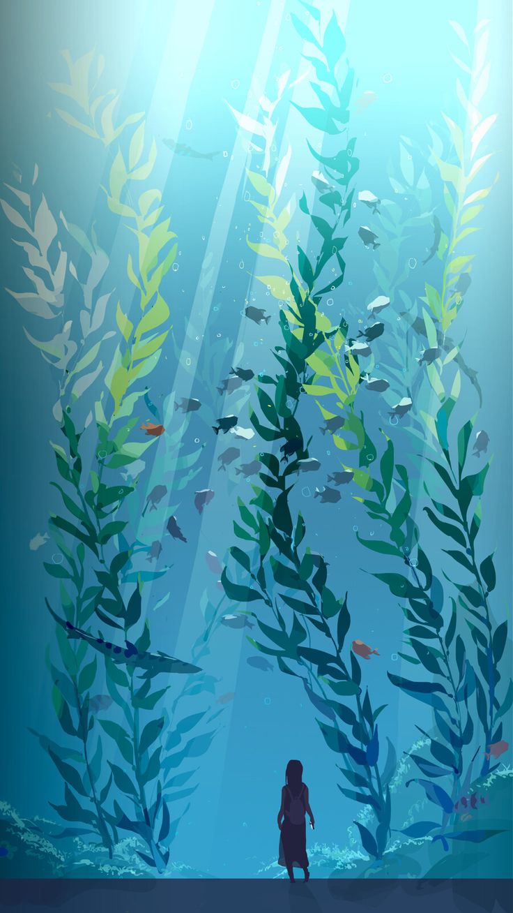 an underwater scene with the silhouette of a person standing in front of plants and fish