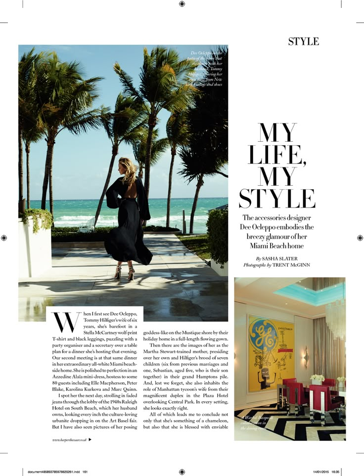 an article in the style magazine is shown with palm trees and a woman walking down the street