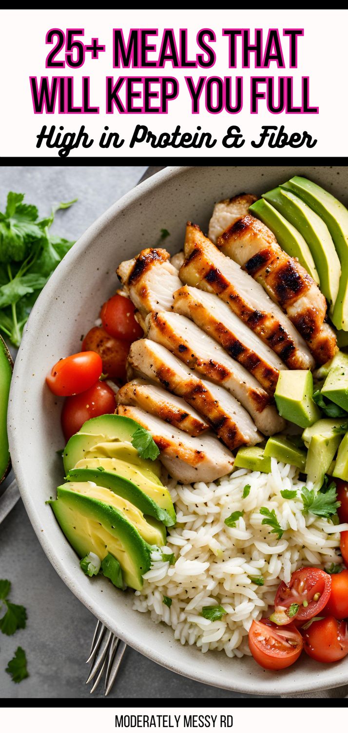 a white bowl filled with chicken, rice and avocado