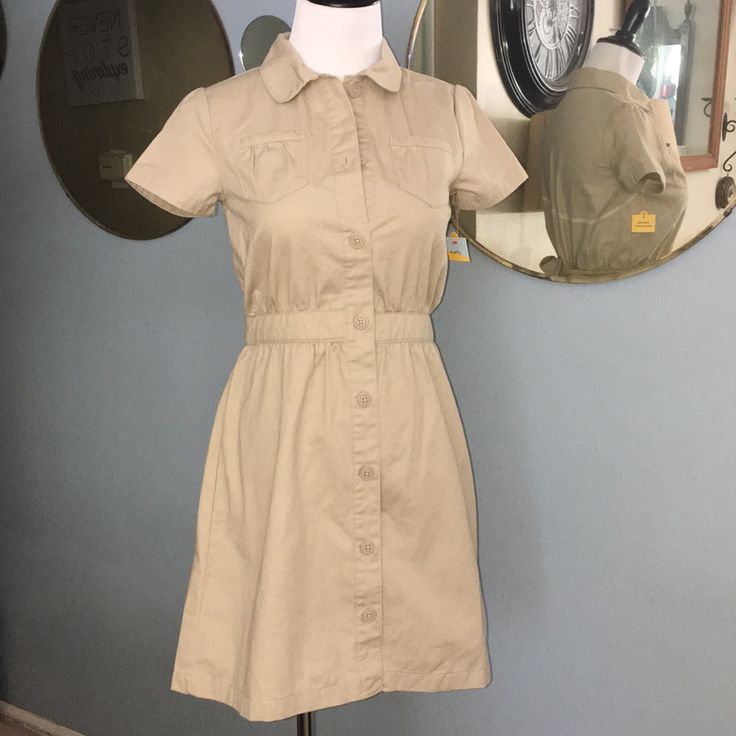 Nwt Cat & Jack School Uniform Style Dress Casual Khaki Cotton Dress, Casual Fitted Khaki Dress, Fitted Casual Khaki Dress, Fitted Khaki Collared Dress, Fitted Collared Khaki Dress, Cute Fitted Dresses With Pockets, School Uniform Style, Uniform Style, School Uniform Fashion