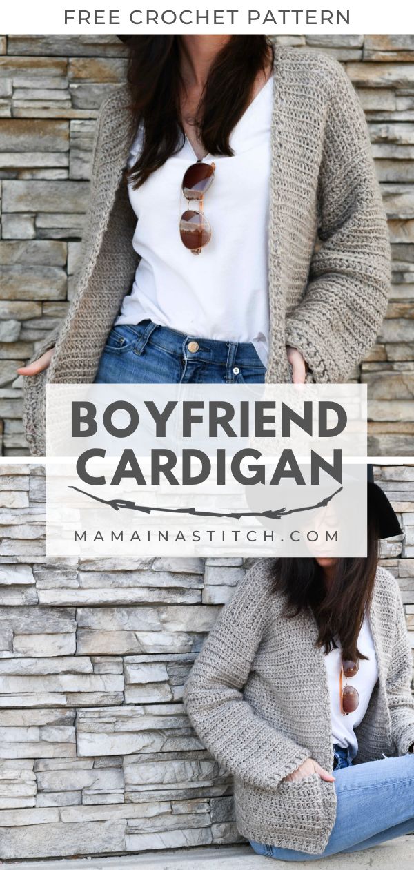 two women sitting on the ground with text overlay that reads, boyfriend cardigan free crochet pattern