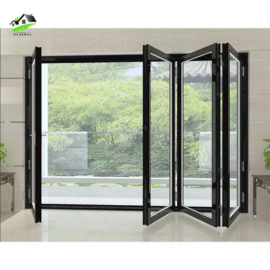 an open folding glass door in the middle of a room