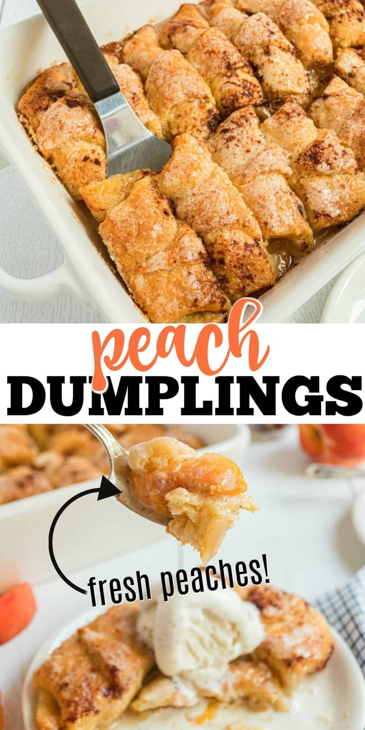 peach dumplings with fresh peaches and ice cream in the bottom left hand corner