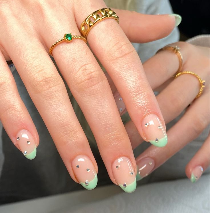 Acrylic nails with mint gel polish as french tip with rhinestones Acrylic Nails With Bling, Nails With Bling, Mint Green Nail Polish, Nail Green, Nail Tricks, Daisy Nail Art, Mint Green Nails, Flamingo Nails, Gel Nails French