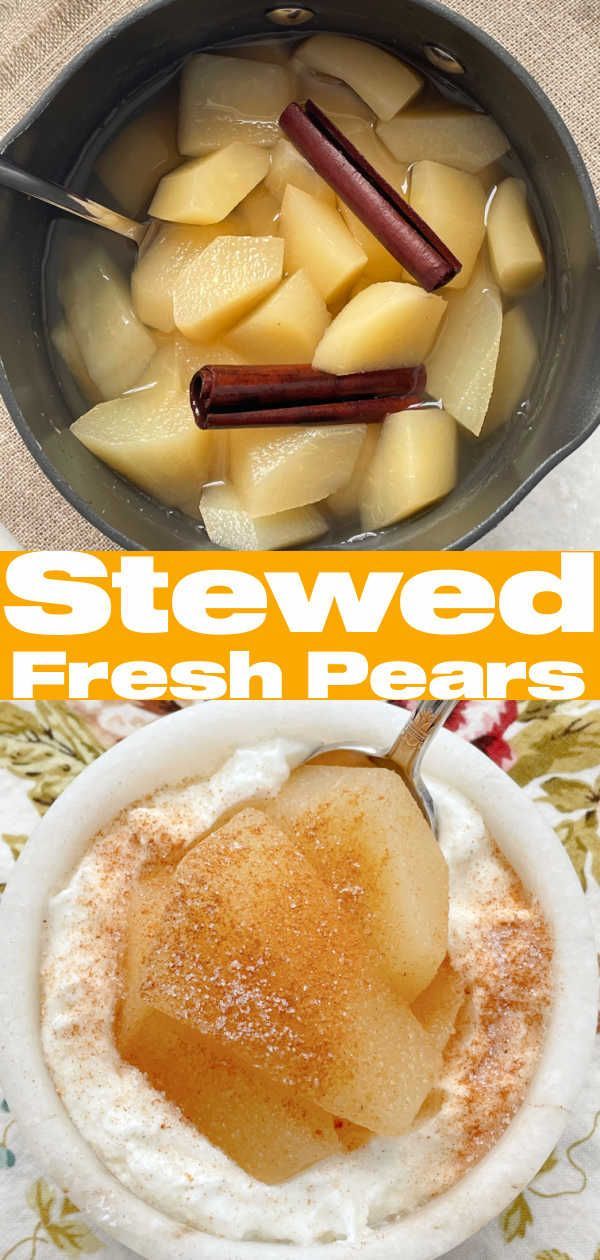 this is an image of stew with fresh pears in the bowl and cinnamon sticks