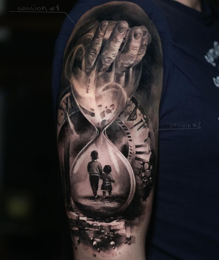 a man with a tattoo on his arm has an hourglass and two people in it