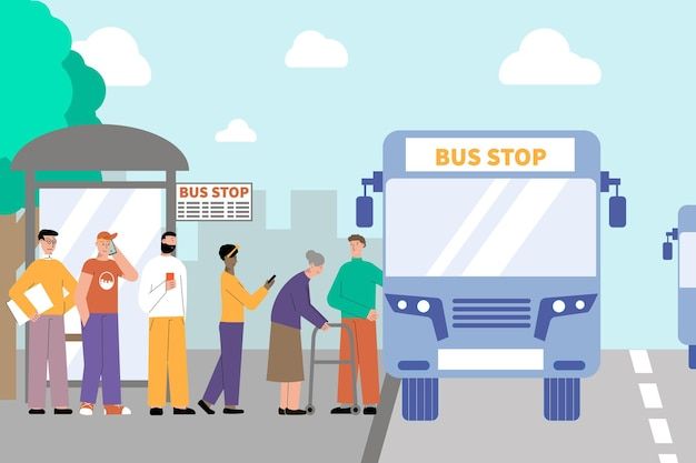 people waiting to get on the bus at the bus stop, flat design style illustration