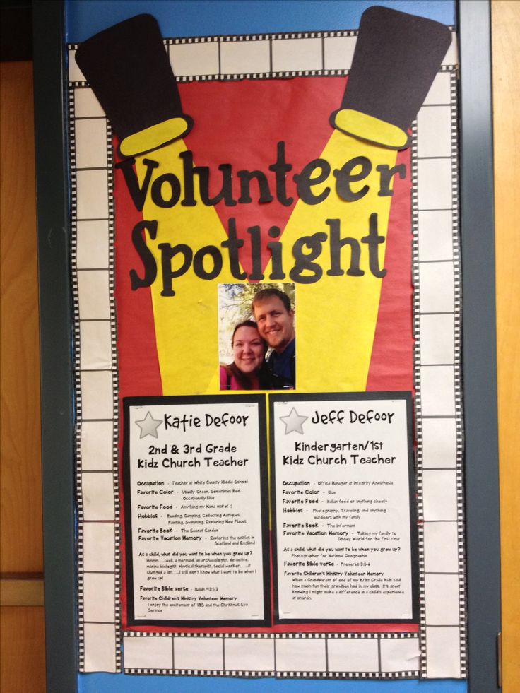 a bulletin board with pictures of two people and the words volunteer spotlight written on it