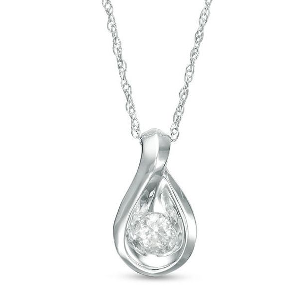 A petite design that increases her sparkle factor, this diamond pendant is a perfect everyday choice. Crafted in 14K white gold, this sculpted teardrop-shaped loop showcases a 1/10 ct. diamond solitaire at its center. Buffed to a brilliant luster, this pendant suspends along an 18.0-inch rope chain that secures with a spring-ring clasp. Teardrop Diamond Jewelry With Single Diamond, Teardrop-shaped Single Diamond Jewelry, Teardrop Single Diamond Jewelry, Teardrop Shaped Single Diamond Jewelry, Silver Diamond Solitaire Necklace, Pear-shaped, White Gold Diamond Teardrop Pendant Necklace, Diamond White Teardrop Pendant With Single Diamond, White Gold Solitaire Teardrop Pendant Necklace, White Gold Solitaire Necklace With Teardrop Pendant