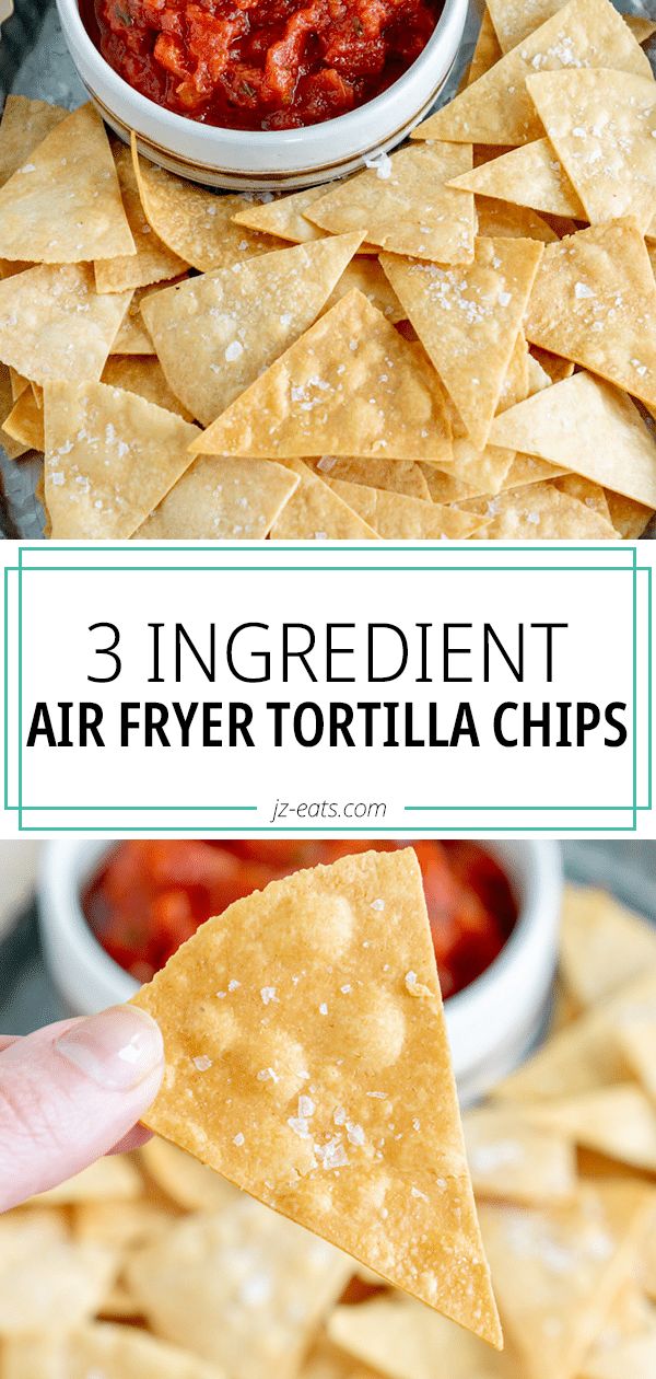 air fryer tortilla chips with salsa and close up Air Fryer Tortilla Chips, Flour Tortilla Chips, Air Fryer Tortilla, Fried Tortilla Chips, Tortilla Chip Recipe, Homemade Tortilla, Fried Chips, How To Make Tortillas, Homemade Tortilla Chips