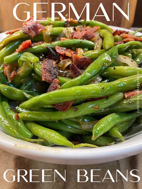 green beans with bacon are served in a white bowl on a wooden table and the title is below it