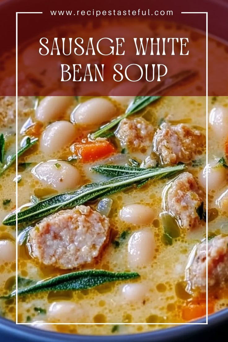 sausage white bean soup in a blue bowl