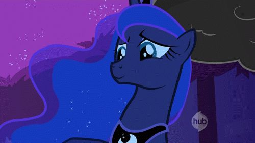 an animated pony with blue hair standing in front of a purple and black sky background