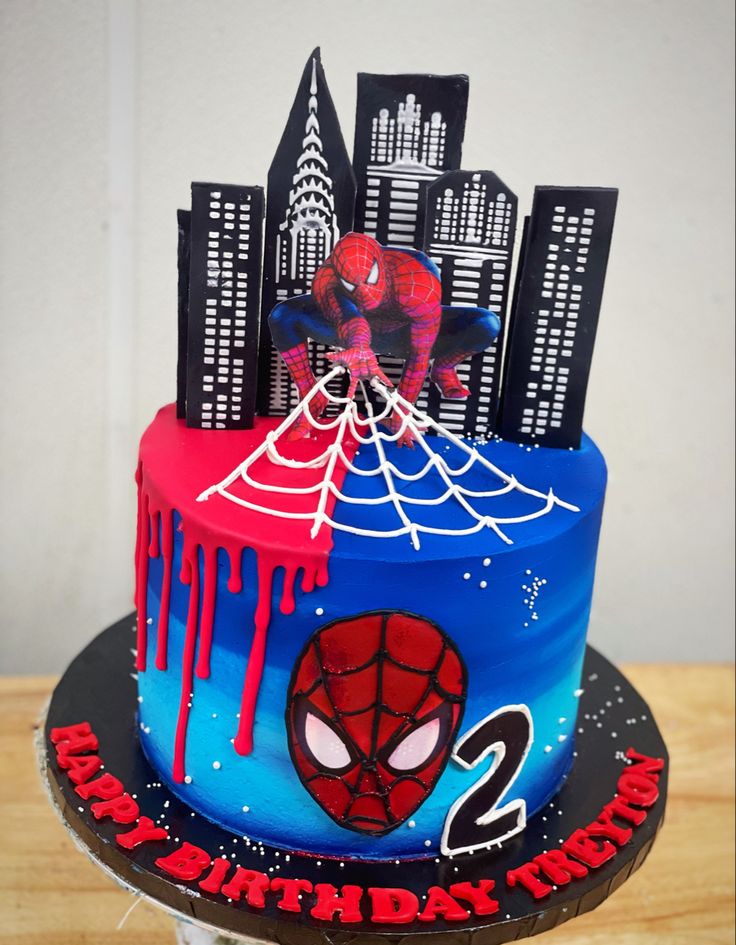 a spiderman themed birthday cake on a table