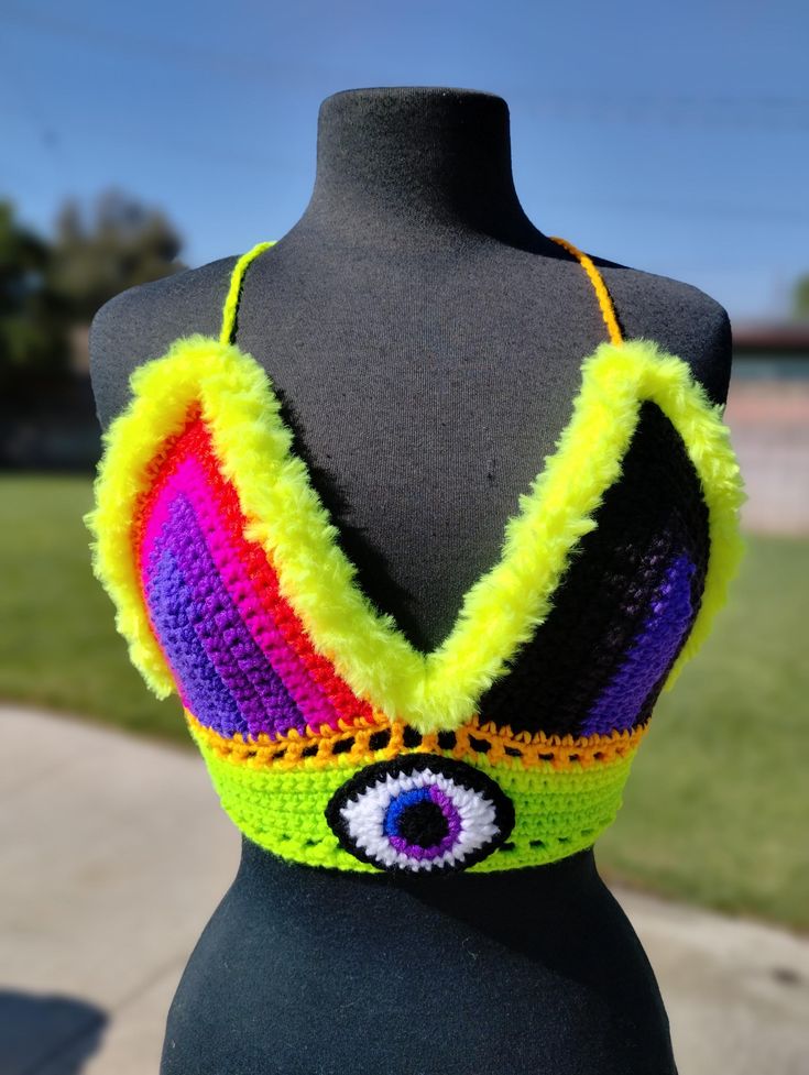 Crochet handmade Bikini Crop Bikini Top made with acrylic yarn - no lining.  sized to fit medium size women.  Great for any festival, event, or party :) Fitted Multicolor Crochet Swimwear, Green Crochet Fitted Swimwear, Fitted Green Crochet Swimwear, Multicolor Triangle Halter Top For Party, Fitted Hippie Crop Top For Party, Multicolor Triangle Halter Top For Festival, Crochet Fitted Swimwear For Party, Fitted Crochet Swimwear For Parties, Handmade Fitted Festival Swimwear