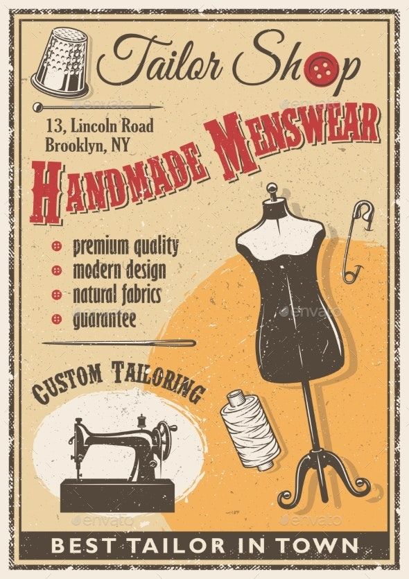 an advertisement for a tailor shop with a mannequin, sewing machine and other items