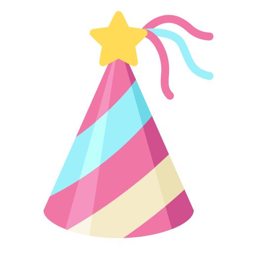 a party hat with streamers and a star on top is pink, blue, and white