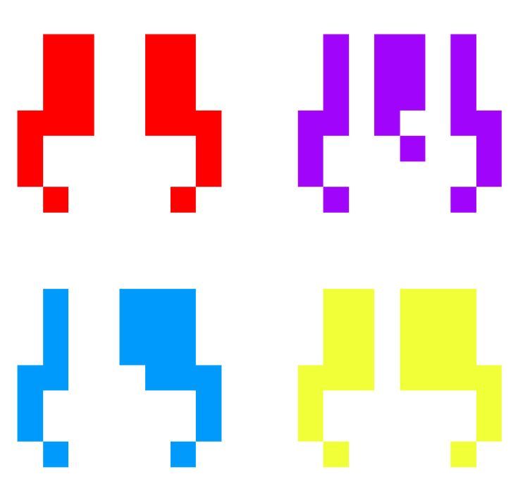 four different colored squares are shown in the same color as they appear to be pixelated