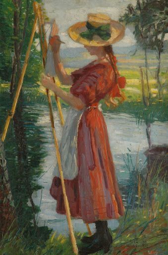 a painting of a woman in a red dress and straw hat holding a paintbrush