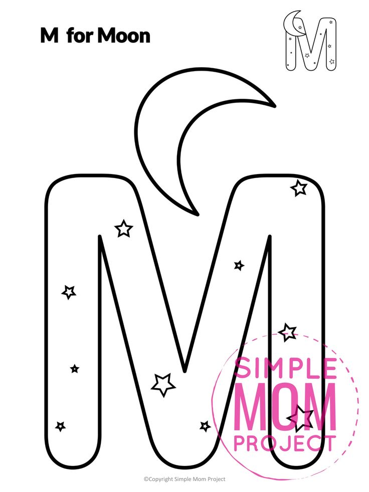 the letter m for moon is shown in black and white, with stars on it