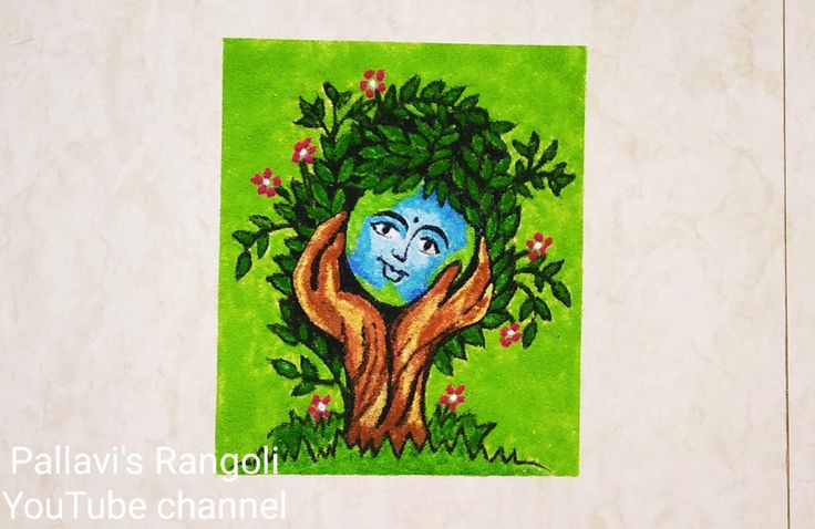 a painting of a tree with the earth in it's hands on a green background