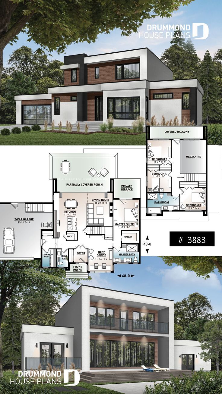 two story house plan with three levels and lots of windows on each floor, in the middle