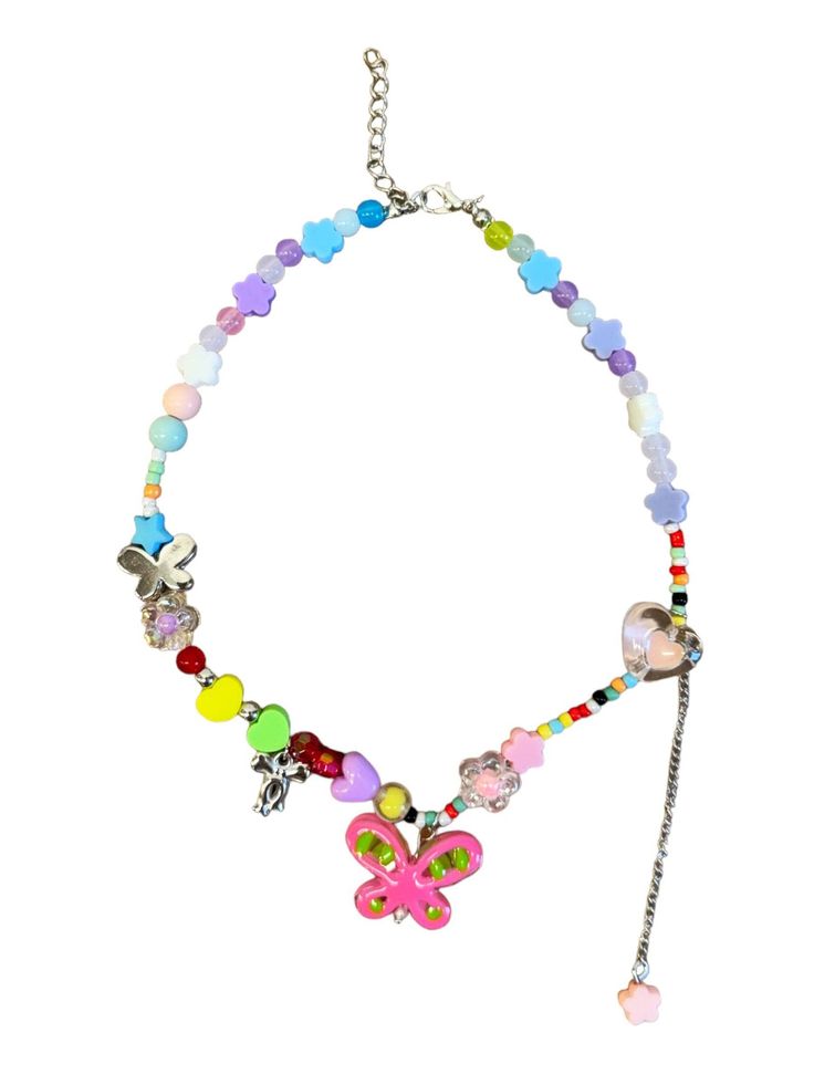 Description: A delightful and colorful accessory perfect for adding a touch of fun to any outfit. Multicolored beads with charming butterfly and heart accents, creating a playful and unique design. Ideal for accessorizing casual wear, party outfits, or school attire. Adjustable chain ensures a comfortable and secure fit for various neck sizes. Material & Care: Material: High-quality acrylic beads with metal accents and chain. Care Instructions: Wipe clean with a soft, damp cloth. Avoid contact w Cheap Colorful Beaded Necklaces With Heart Beads, Cheap Colorful Necklaces With Heart Beads, Colorful Cheap Necklaces With Heart Beads, Cheap Rainbow Beaded Chain, Trendy Multicolor Butterfly Jewelry, Trendy Party Beaded Necklace With Heart Beads, Cute Colorful Beaded Necklaces For Party, Cute Multicolor Beaded Necklaces For Parties, Cute Party Beaded Necklaces With Colorful Beads