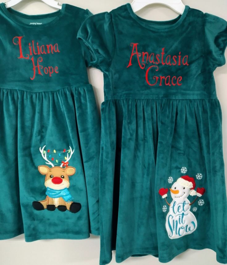 This adorable reindeer applique dress can be enjoyed all holiday season! This comfortable dress is perfect for family parties, school parties, Christmas shopping, holiday photo shoots and pictures with Santa. Listing includes a personalized jade green stretch velvet dress with your choice of an appliquéd reindeer, snowman or penguin. Dress is personalized with child's single or three initial monogram or single first name or first and middle names using red thread. If you prefer, Merry Christmas Green Short Sleeve Christmas Dresses, Cute Green Winter Dress, Cute Green Dress For Winter, Green Short Sleeve Dress For Holiday, Cute Green Holiday Dress, Cute Green Festive Dress, Cute Green Dress For Festive Occasions, Cute Green Dresses For Festive Occasions, Short Sleeve Christmas Holiday Dress