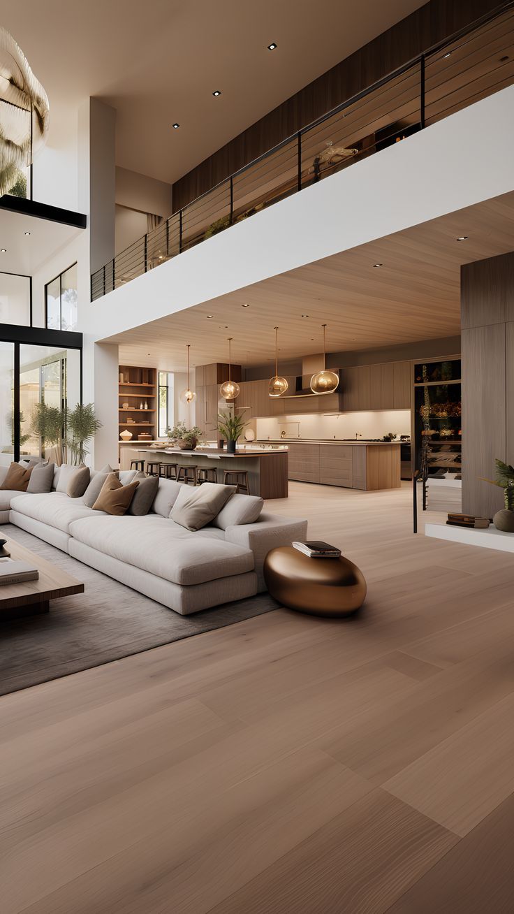 a living room filled with furniture next to a tall glass window covered wall in front of a staircase