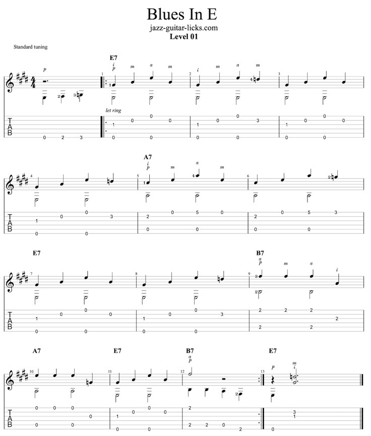 blues in e sheet music for guitar