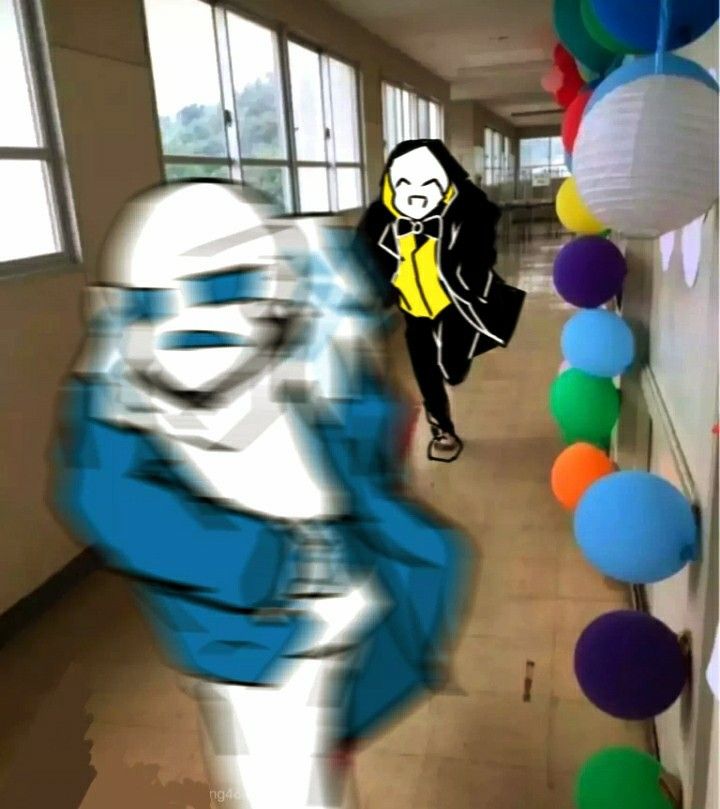 a blurry image of a person walking down a hallway with balloons on the wall