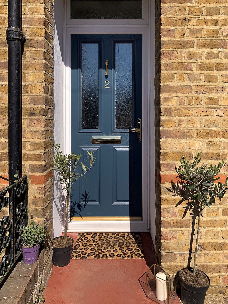 a blue front door with two potted plants