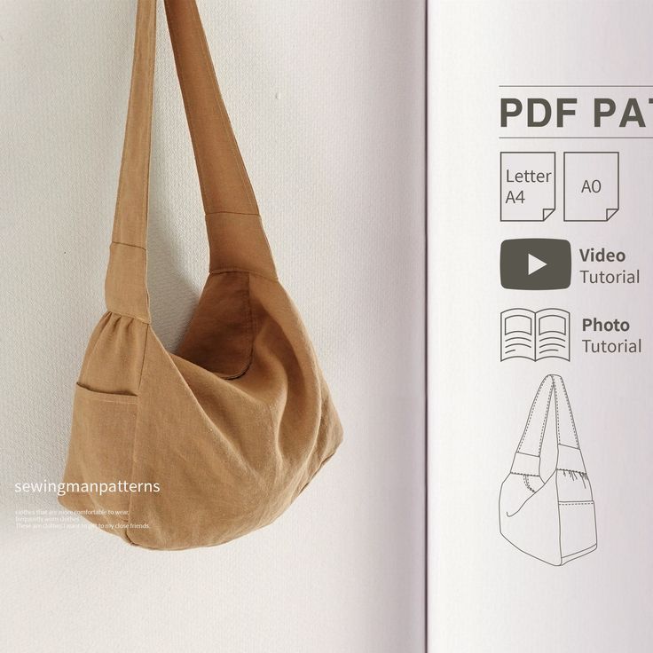 a bag hanging on the wall next to an instruction manual for how to sew