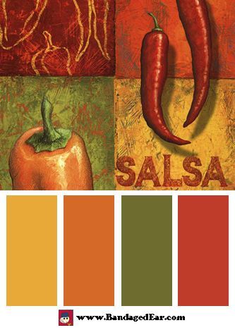 an orange and green color scheme with chili peppers on it's side, including the word salsa