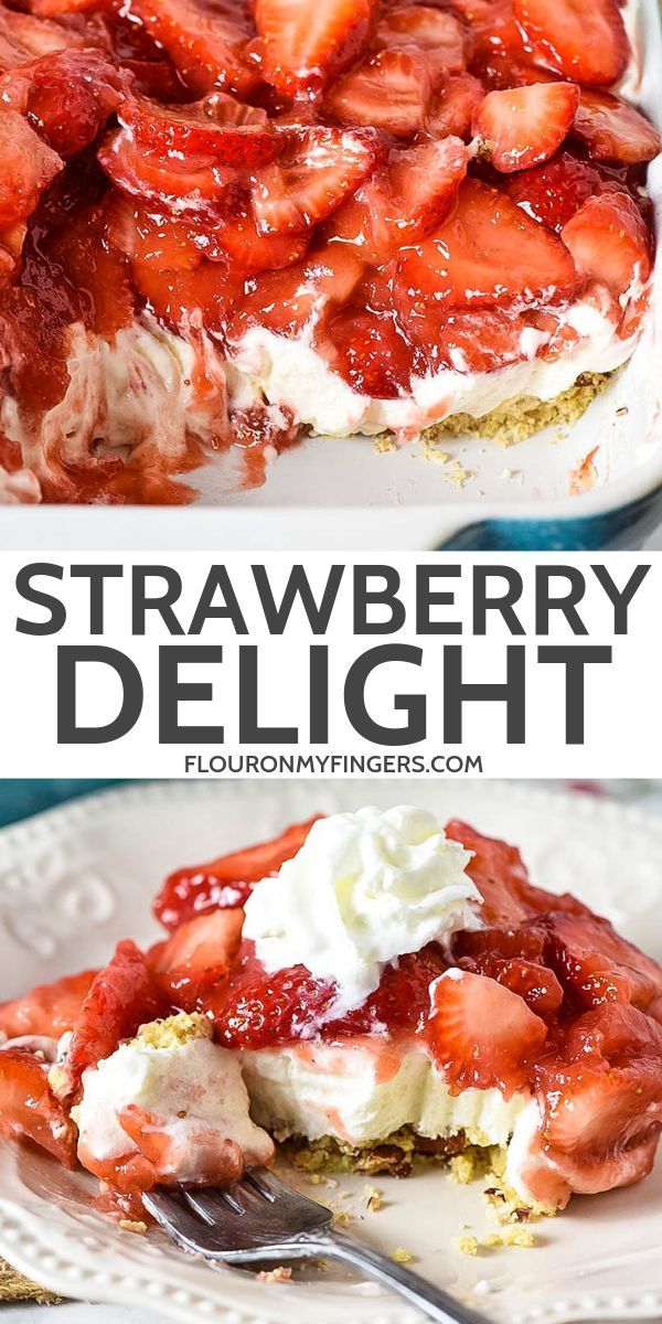 strawberry dessert with whipped cream and strawberries on top is shown in this collage