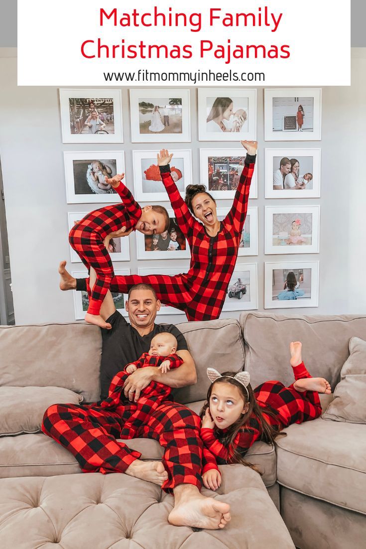 three people in red and black flannel pajama's on a couch