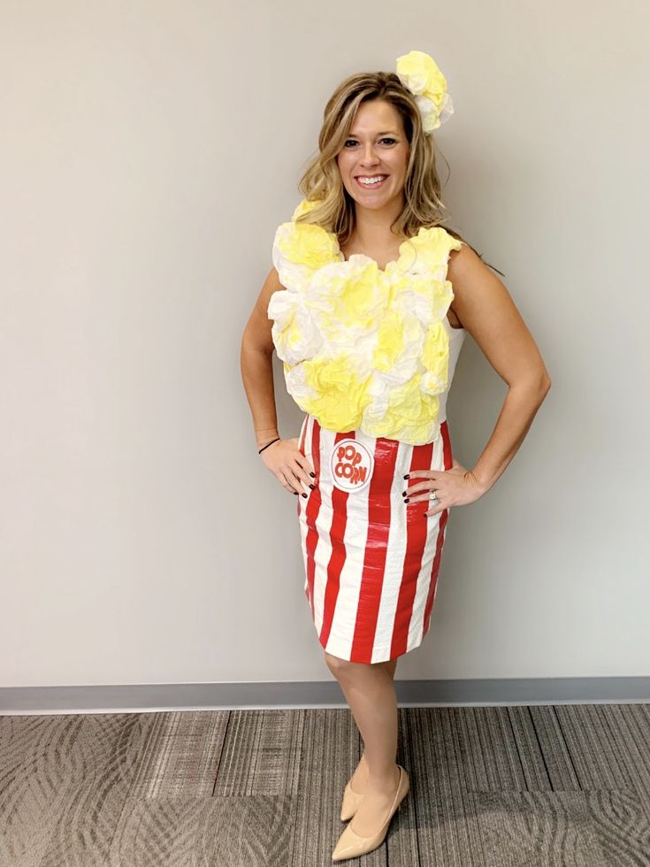 a woman dressed in a popcorn costume