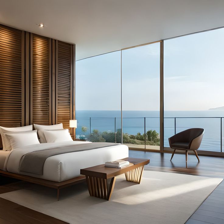 a bedroom with a large window overlooking the ocean