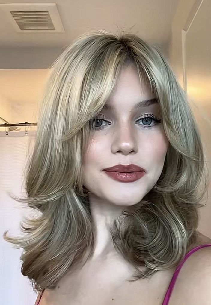 Layered Midi Hair, Tiffany Amber Thiessen 90s, Layered Hair With Short Curtain Bangs, Long Angled Bob With Curtain Bangs, Medium Length Haircut With Layers 90s, 90s Blowout Hair Short Bob, 60s Inspired Haircut, Heavy Face Framing Layers Medium Hair, The Rachel 2.0 Haircut