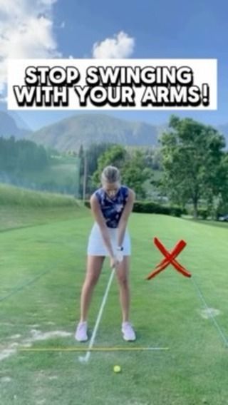 a woman hitting a golf ball with a tee on the green, and an ad that reads stop swinging with your arms