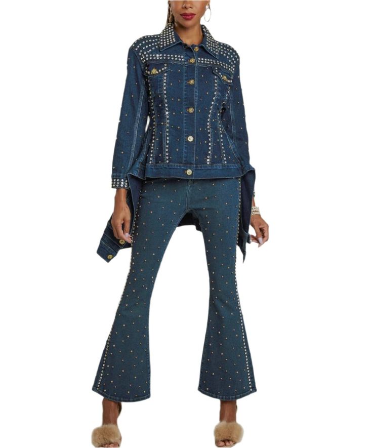 Denim With Rhinestones and Studs. Donna Vinci denim pants trimmed With Rhinestones and Studs Spring Denim Blue Jeans With Rhinestones, Spring Rhinestone Denim Blue Jeans, Bedazzled Denim Bottoms, Mid-rise Denim Flare Jeans With Rhinestones, Rhinestone Denim Pants, Medium Wash Rhinestone Denim Jeans, Fitted Denim Flare Jeans With Rhinestones, Trendy Rhinestone Bottoms For Fall, Crystal Embellished Denim Jeans