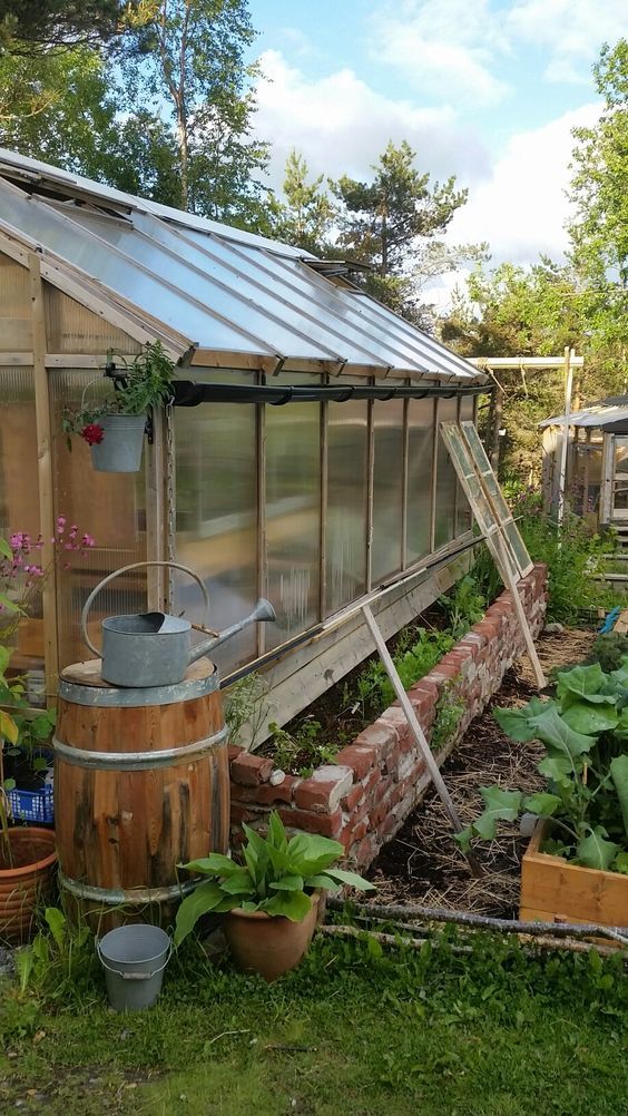 an old greenhouse is being used as a garden shed for plants and other things to grow in