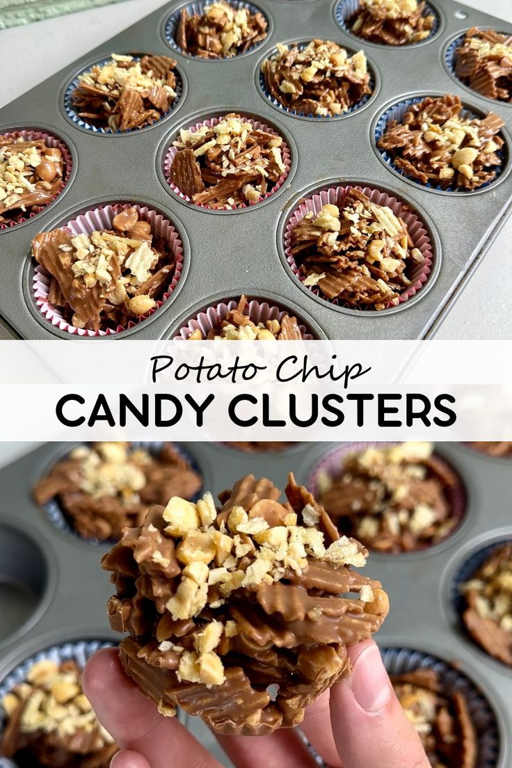 a person holding up a chocolate cupcake in front of a muffin tin filled with it